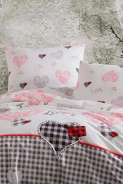 Çift Kişilik Lastikli Çarşaflı Pamuklu Nevresim Takımı Patchwork Love