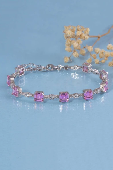 Gümüş Pazarım Pembe Taşlı Sıralı Su Yolu Gümüş Bileklik - 4