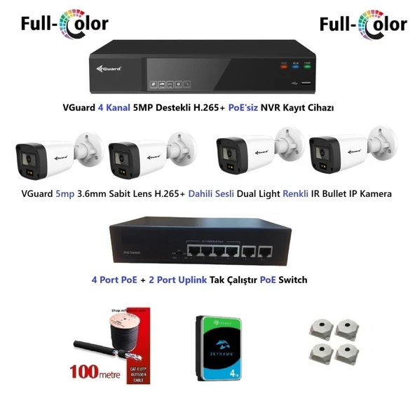 VGuard 5mp Dahili Sesli Ve Gece Renkli 4 Kameralı Tak Çalıştır Hazır IP Kamera Seti 4TB Disk ürün görseli 1