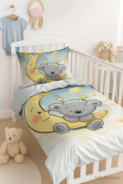 Yenidoğan Kız / Erkek Unisex Bebek Nevresim Takımı %100 Pamuklu Aydaki Ayıcık - 3