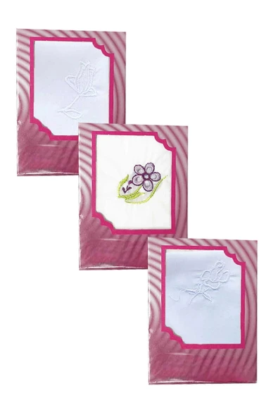 3’lü Özel Paket Premium Kadın İşlemeli Mendil Seti  %100 Pamuk 28x28 Cm - 2