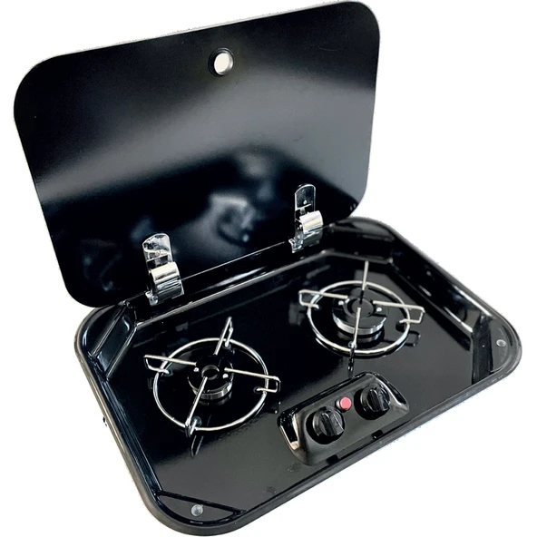KARAVAN&tekne SİYAH EMAYE CAM KAPAKLI 2 GÖZLÜ OCAK ürün görseli
