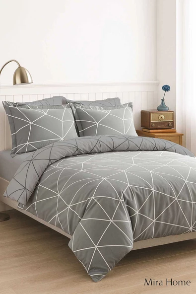 Çift Kişilik Pamuklu Nevresim Takımı Geo Line Gri - Resim 2