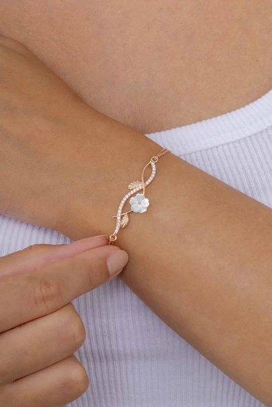 Gümüş Pazarım Manolya Çiçeği Kadın Rosegold Gümüş Bileklik - Resim 2