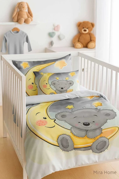 Yenidoğan Kız / Erkek Unisex Bebek Nevresim Takımı %100 Pamuklu Aydaki Ayıcık