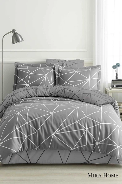 Çift Kişilik Pamuklu Nevresim Takımı Geo Line Gri ürün görseli 1
