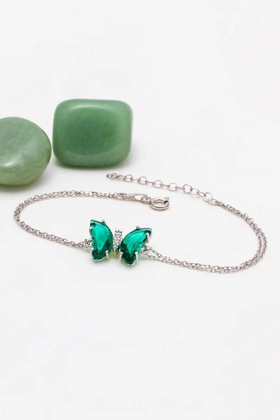 Gümüş Pazarım Yeşil Taşlı Kelebek Gümüş Bileklik - Resim 4