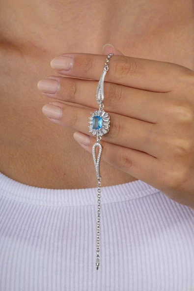 Gümüş Pazarım Elmas Montür Aqua Renk Dikdörtgen Taşlı Gümüş Bileklik - Resim 3