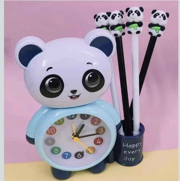 Panda Tasarımlı Saat Kalemlik Kızlar ve Erkekler İçin Yatak Odaları ve Oyun Odaları Saat mavi renki - 2
