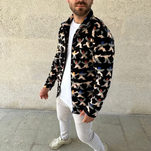 Erkek Tam Fermuarlı Desenli Polar Sweat – Siyah Multicolor Figür Desen Yakalı, Uzun Kollu, Oversize Rahat Kalıp- Siyah - Resim 3