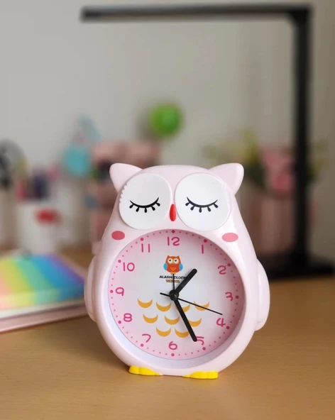 Baykuş Büyük Boy Sevimli Baykuş Saat Çocuk odası saati pembe renk - 3