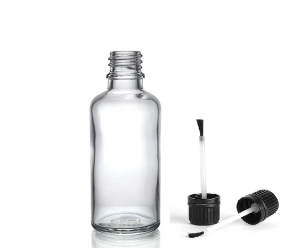 50ml şeffaf cam şişe fırça kapaklı, 24 adet, ecza şişesi, kozmetik şişe, yapıştırıcı şişesi, yağ şişesi