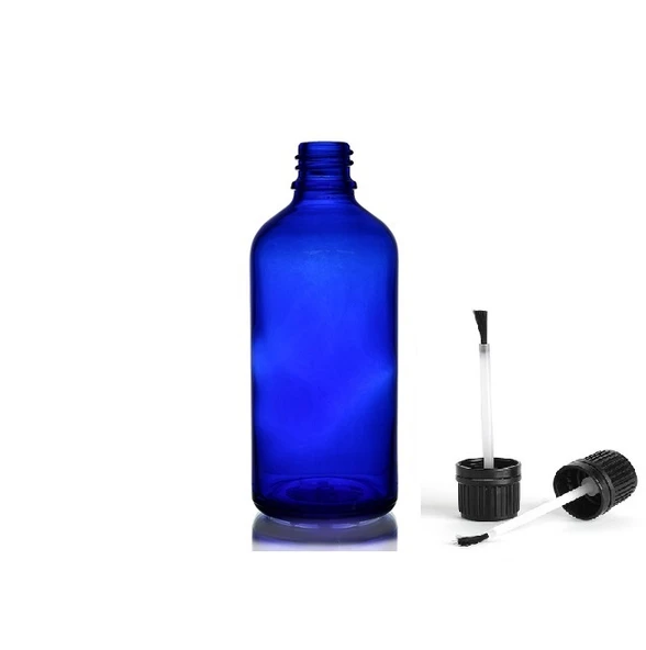 50ml mavi cam şişe fırça kapaklı, 12 adet, ecza şişesi, kozmetik şişe, yapıştırıcı şişesi, yağ şişesi