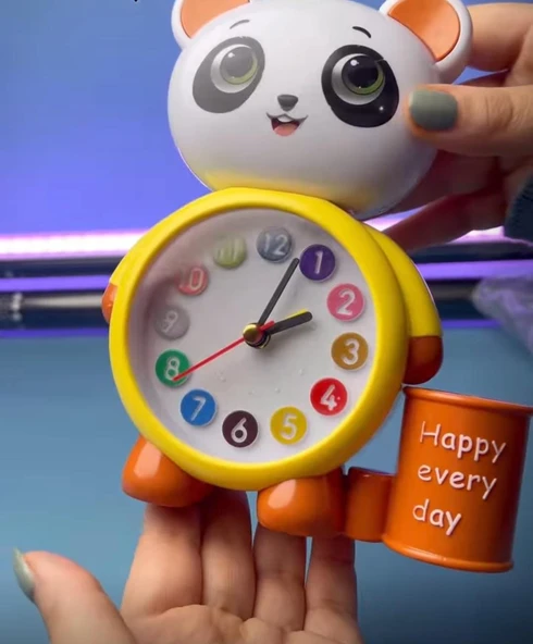 Panda Tasarımlı Saat Kalemlik Kızlar ve Erkekler İçin Yatak Odaları ve Oyun Odaları Saati sarı renk - 2