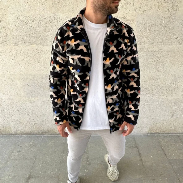 Erkek Tam Fermuarlı Desenli Polar Sweat – Siyah Multicolor Figür Desen Yakalı, Uzun Kollu, Oversize Rahat Kalıp- Siyah - Resim 2