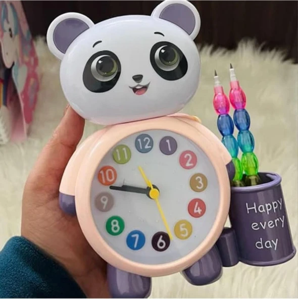 Panda Tasarımlı Saat Kalemlik Kızlar ve Erkekler İçin Yatak Odaları ve Oyun Odaları Saati