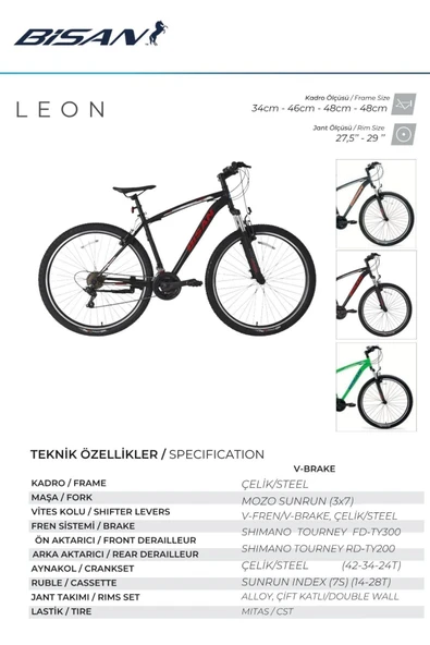 Bisan Leon 29 Jant Dağ Bisikleti 48 cm Çelik Kadro V-Fren 21 Vites Shimano - Mat Siyah Kırmızı - Resim 6