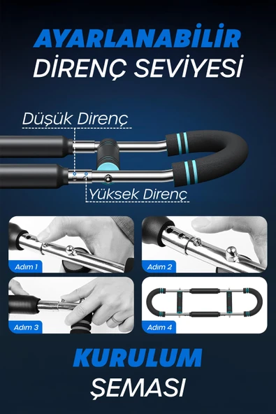 2X POWER (25-50KG) Ayarlanabilir Çift Metal Yaylı Göğüs & Kol Full Body Egzersiz Aleti Fitness Bar - Resim 7