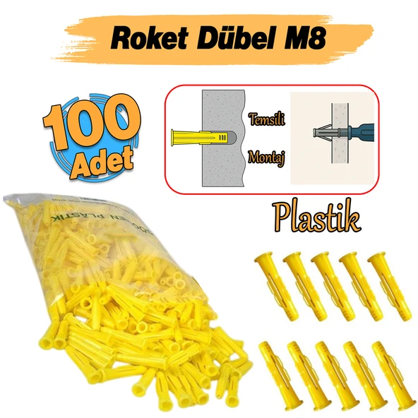( 100 Adet ) Plastik Roket Dübel M8 Mantar Kanatlı Dübeller Vida Sabitleme Bağlantı Elemanı - Resim 2