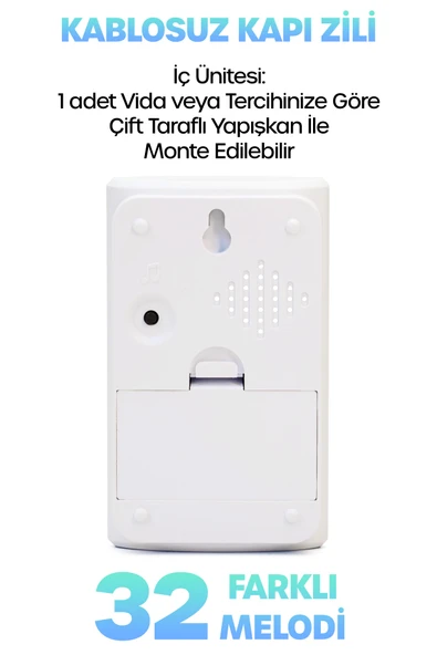 Kablosuz Uzaktan Kumanda Kapı Zili Işıklı Uzun Menzilli Pilli 32 Farklı Melodili Beyaz 9389 - Resim 5