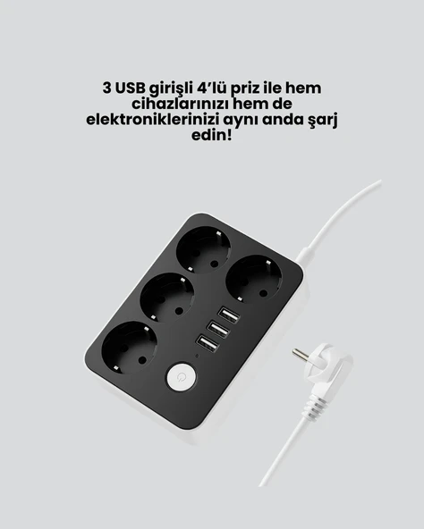 Akım Korumalı 3 USB Portlu 4’lü Priz 4.1A Hızlı Şarj - 2