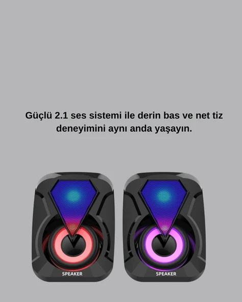 USB Bağlantılı RGB 2.1 Hoparlör Seti Derin Bas ve Renkli Işık - 2