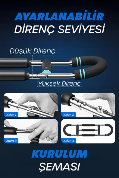 3X POWER (35-60KG) Ayarlanabilir Üçlü Metal Yaylı Göğüs & Kol Full Body Egzersiz Aleti Fitness Bar - Resim 7