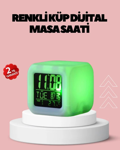 Kronometre ve Takvim Destekli Renk Değiştiren LED Dijital Küp Saat - 1