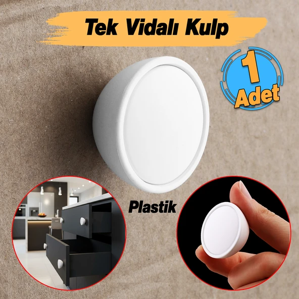 Tek Vidalı Beyaz Renk Piyano Polimer Düğme Kulp Bombeli Dolap Mobilya Dolap Çekmece Kulpu Kulbu - Resim 2