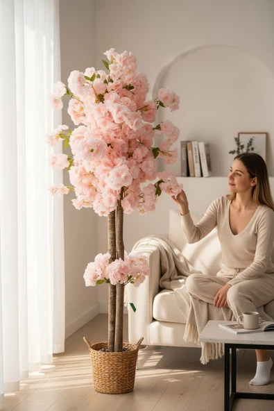 Beyaz Renkli Saksıda 150 cm Yapay Bahardalı Ağacı Yoğun Yaprak - Resim 12