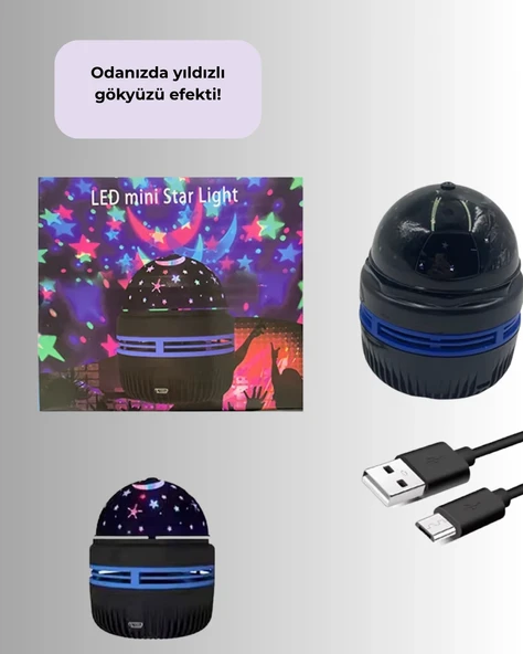Döner Galaxy Projektör Gece Lambası – Ay ve Yıldız Işıklı Atmosfer Lamba, USB Bağlantılı - 3