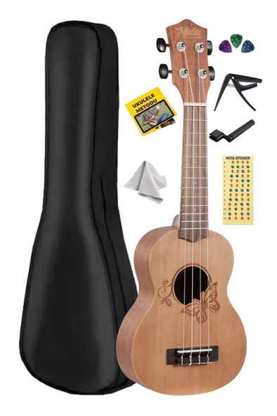 Midex SPA-261 Ladin Ağacı Kelebek Desenli Kaliteli Soprano Ukulele Seti ürün görseli 1