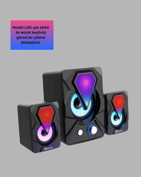 USB Bağlantılı RGB 2.1 Hoparlör Seti Derin Bas ve Renkli Işık - 4