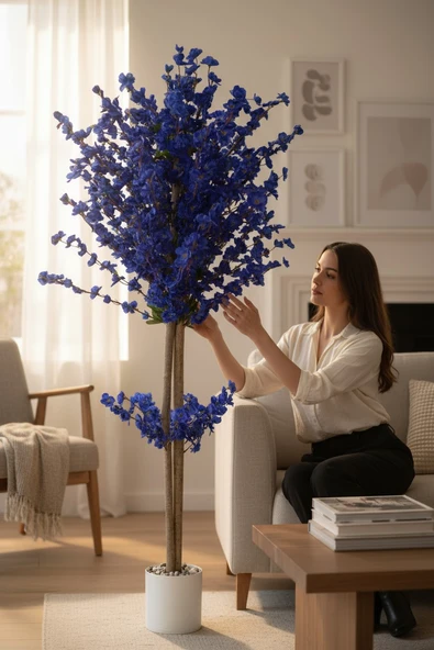 Beyaz Renkli Saksıda 150 cm Yapay Bahardalı Ağacı Yoğun Yaprak ürün görseli