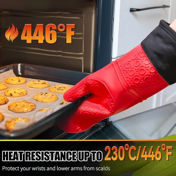 3B Trend 2 Adet Silikon Yanmaz Yapışmaz Isı Yalıtımlı Mutfak Fırın Eldiveni Kırmızı - Resim 3