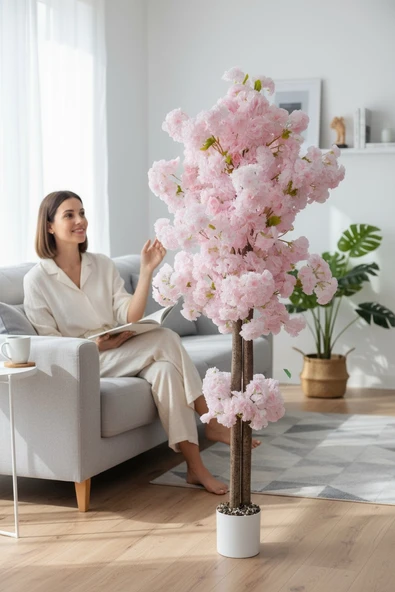 Beyaz Renkli Saksıda 150 cm Yapay Bahardalı Ağacı Yoğun Yaprak - Resim 11