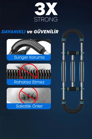 3X POWER (35-60KG) Ayarlanabilir Üçlü Metal Yaylı Göğüs & Kol Full Body Egzersiz Aleti Fitness Bar - Resim 2