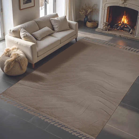 Dinarsu Alaçatı Püsküllü Parça Halı 150X230 Lorey K.Bej ürün görseli 1