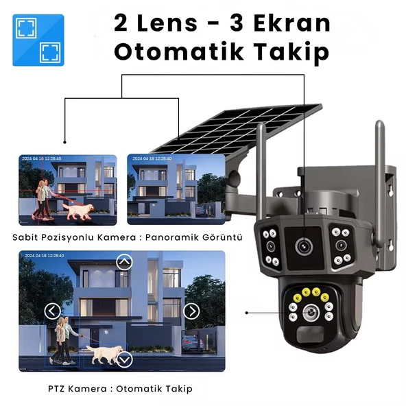 4K, Solar Panelli Kamera,  Çift Lens, 10X Zoom, SIM Kart Destekli, IP Kamera, Kablosuz 4G Güneş Enerjili Kamera - 3
