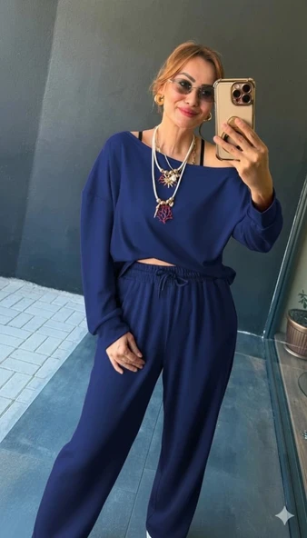 Kadın Uzun Kollu Tek Omuzdan Açık Viskon Iki Iplik Bluz Ve Pantolon Ikili Takım ürün görseli