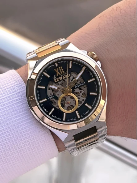 Reward Otomatik Çelik Kasa Çelik Kordon 5 Atm Suya Dayanıklı Erkek Kol Saati VS.BLKT.0634 - Resim 3