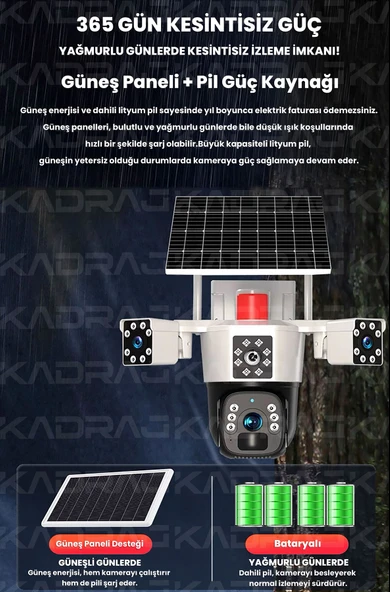 KADRAJ Solar Güvenlik Kamerası | Güneş Panelli |  Çift Lensli | 4G SIM Kart Destekli | 10.000mAh Batarya | 6MP Full HD Görüntü Kalitesi - 4