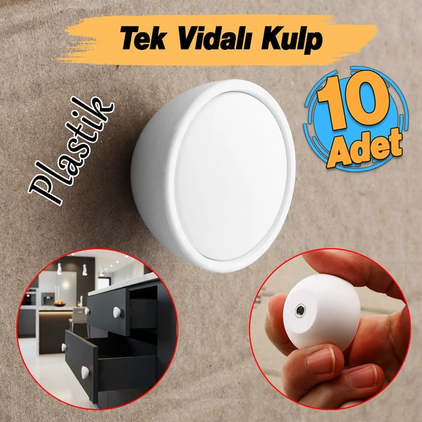 Tek Vidalı 10 Adet Beyaz Renk Polimer Düğme Kulp Bombeli Dolap Mobilya Dolap Çekmece Kulpu Kulbu - Resim 2