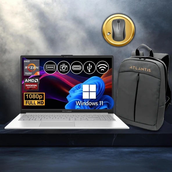 Vivobook Go 15 RYZEN5-7520U 8gb 512GB Nvme SSD E1504FA-BQ1741 ATL29 15.6" WIN11PRO Notebook+Çanta+Mouse ürün görseli