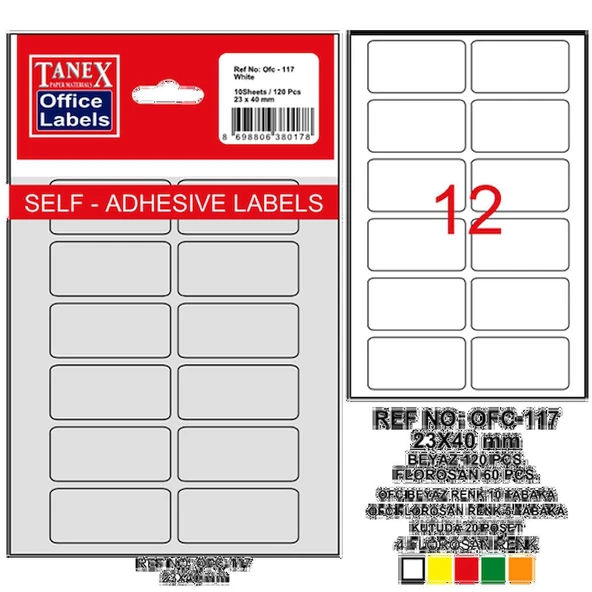 Tanex Ofis Etiketi Poşetli 23x40 Mm Beyaz Ofc-117 ürün görseli