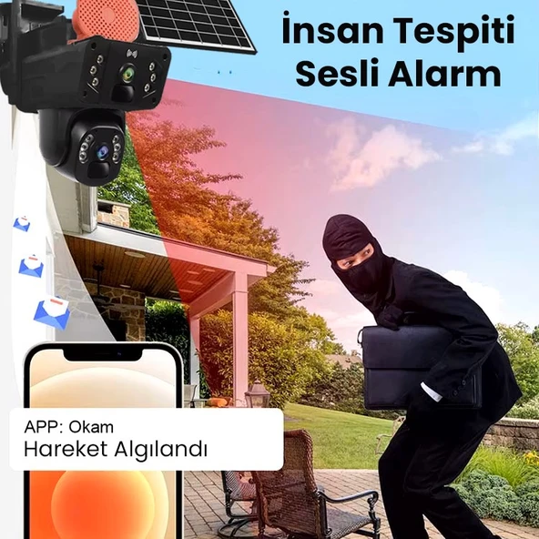 Solar Panelli, Güneş Enerjili, SIM Kartlı 4G, 6MP Çift Lensli PTZ Güvenlik Kamerası – Hareket Algılama  128 GB SD Kart Hediyeli - 3
