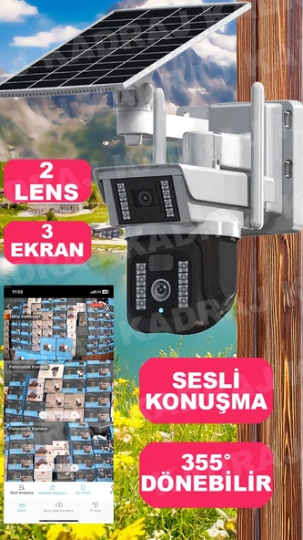Kadraj Solar Panelli, Sim Kartlı, HER AY 8GB INTERNET, 128GB SD Kart, 6MP, SESLI KONUSMA, 360° GÖRÜŞ AÇISI, 4G GÜNEŞ PANELLİ GÜVENLİK KAMERASI - 2