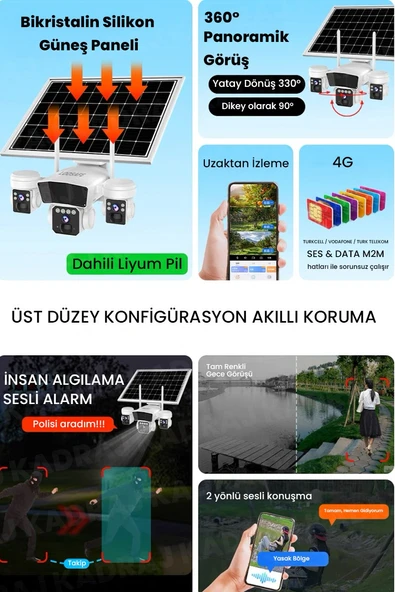 Solar Kamera - Güneş Enerjili Kamera - Sim Kartlı Kamera - 15MP - 3 LENS - 3  KAMERALI GÜVENLİK KAMERASI - 12000MAH BATARYA - UZAKTAN İZLEME - 2