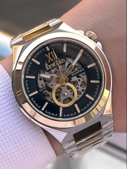 Reward Otomatik Çelik Kasa Çelik Kordon 5 Atm Suya Dayanıklı Erkek Kol Saati VS.BLKT.0634 - Resim 2