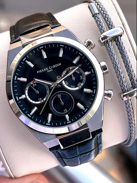 Pierre Cardin İtalyan Tasarım Bileklik Hediyeli Çelik Kasa Deri Kordon 3 Atm Erkek Kol Saati 0009.2